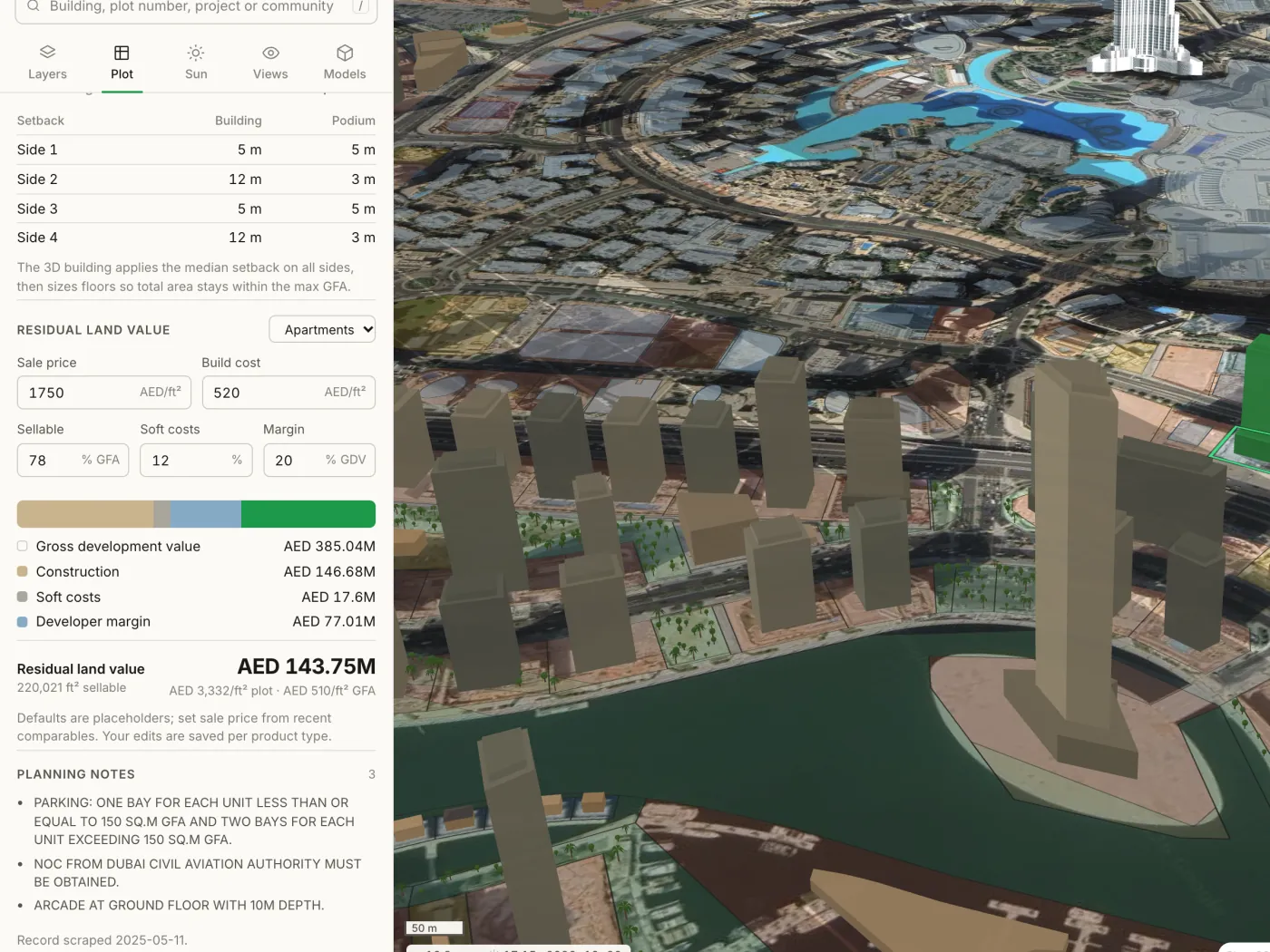 The residual land value calculator for a Downtown plot, with sale price, build cost and margin assumptions