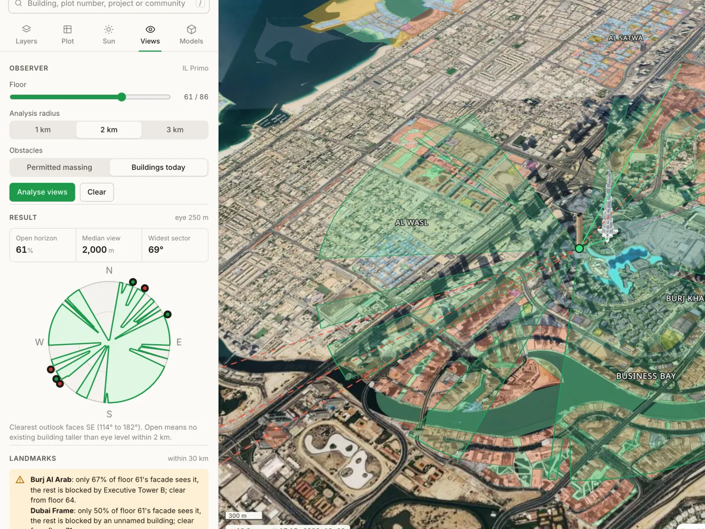 View analysis from a tower floor: sight lines across Downtown and which landmarks stay in view from each floor